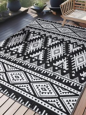 RUGSREAL Outdoor Rug 5x8 ft Waterproof Reversible Boho Mat, Black & White
