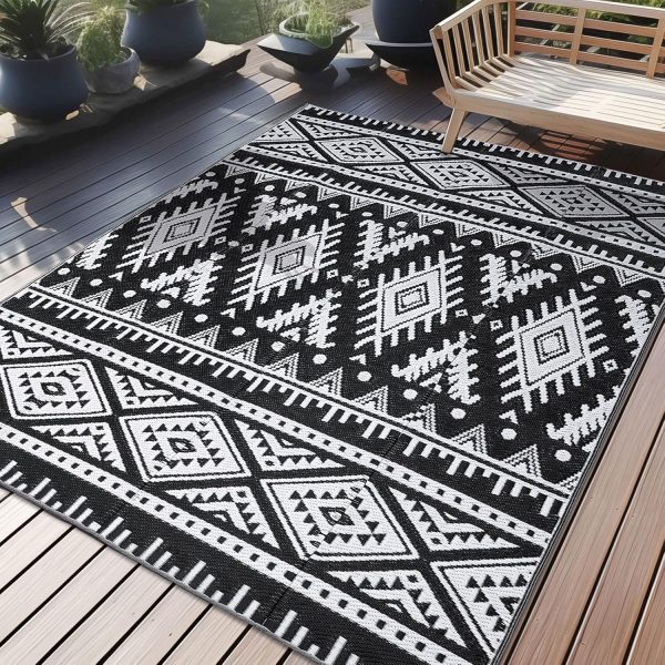 RUGSREAL Outdoor Rug 5x8 ft Waterproof Reversible Boho Mat, Black & White