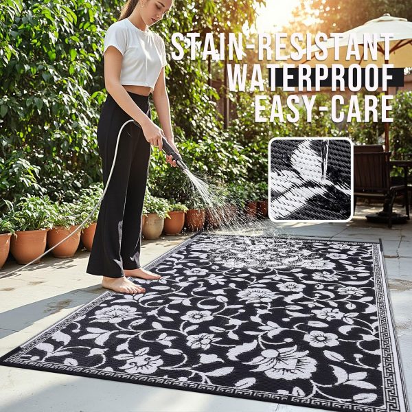 RUGSREAL Outdoor Rug 6x9 ft Waterproof Reversible Floral Mat, Black & White
