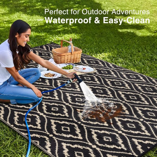 RUGSREAL Outdoor Rug 6x9 ft Waterproof Reversible Floral Mat, Black & Beige