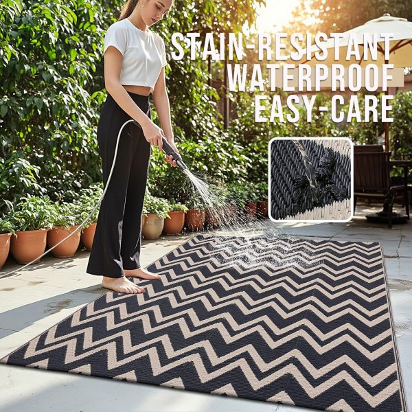 RUGSREAL Outdoor Rug 5x8 ft Waterproof Reversible Chevron Mat, Black & Beige