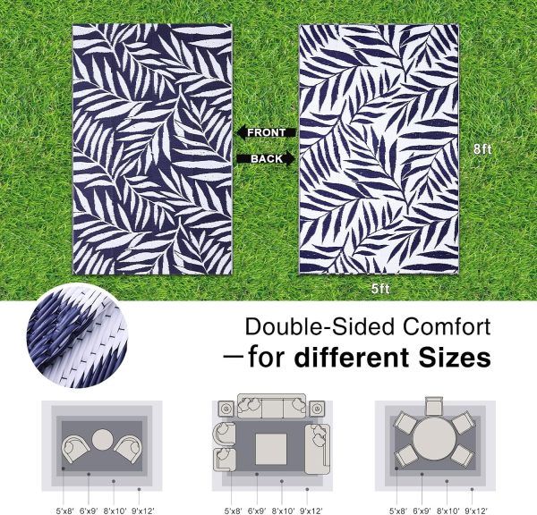 RUGSREAL Outdoor Rug 5x8 ft Waterproof Reversible Leaf Mat, Navy & White