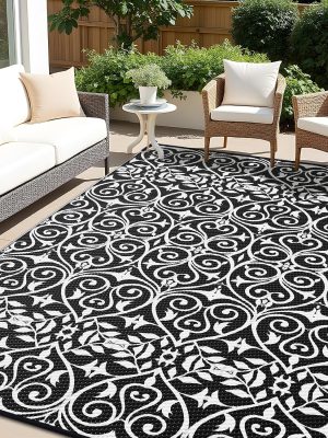 91Qd2yz-IYL._AC_SL1500_.jpg RUGSREAL Outdoor Rug 6x9 ft Waterproof Reversible Floral Mat, Black & White