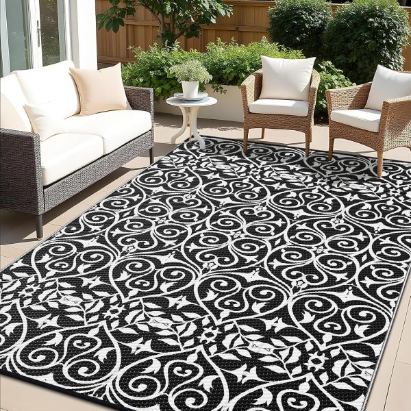 RUGSREAL Outdoor Rug 6x9 ft Waterproof Reversible Floral Mat, Black & White