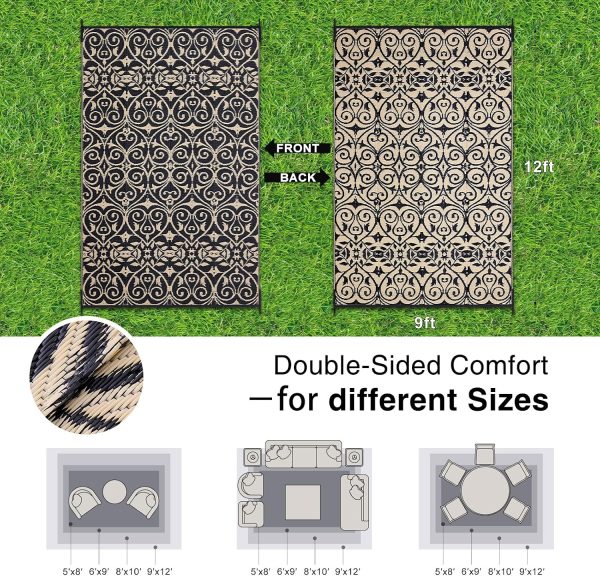 RUGSREAL Outdoor Rug 9x12 ft Waterproof Reversible Floral Mat, Black & Beige