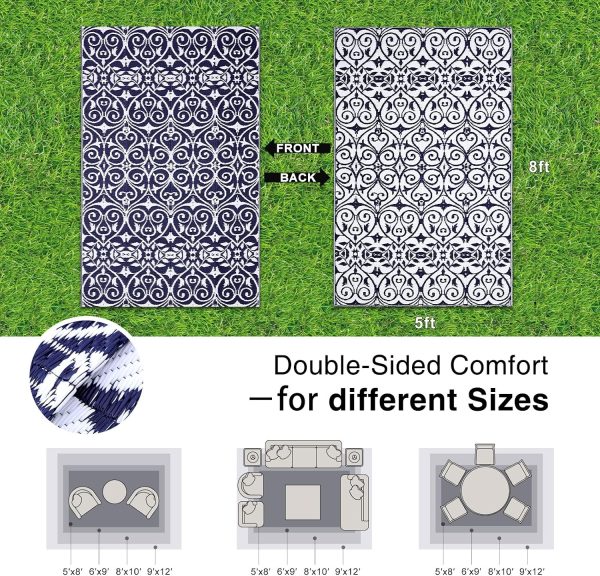 RUGSREAL Outdoor Rug 5x8 ft Waterproof Reversible Floral Mat, Navy & White