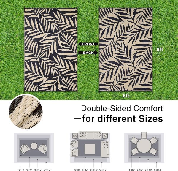 RUGSREAL Outdoor Rug 6x9 ft Waterproof Reversible Leaf Mat, Black & Beige
