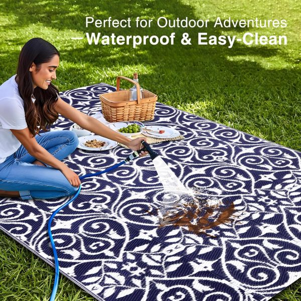 RUGSREAL Outdoor Rug 5x8 ft Waterproof Reversible Floral Mat, Navy & White