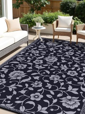 91T0eQHESqL._AC_SL1500_.jpg RUGSREAL Outdoor Rug 6x9 ft Waterproof Reversible Floral Mat, Black & Grey