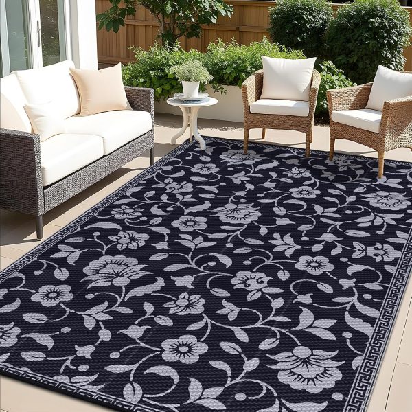 RUGSREAL Outdoor Rug 8x10 ft Waterproof Reversible Floral Mat, Black & Grey