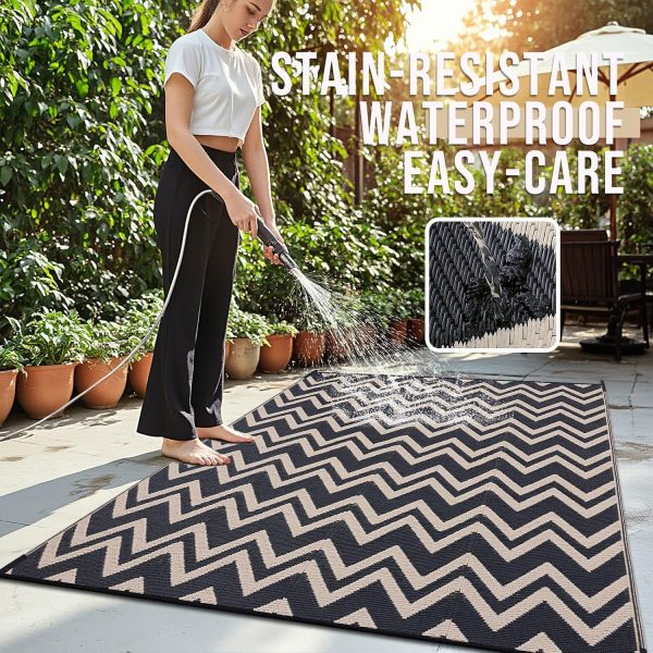 RUGSREAL Outdoor Rug 6x9 ft Waterproof Reversible Chevron Mat, Black & Beige