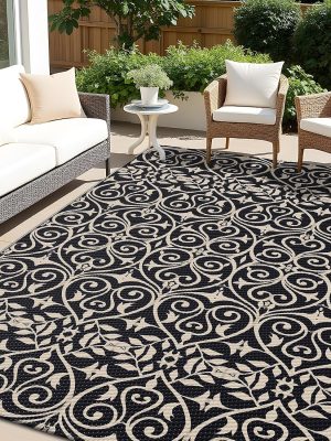 RUGSREAL Outdoor Rug 5x8 ft Waterproof Reversible Floral Mat, Black & Beige