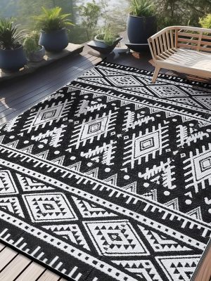 RUGSREAL Outdoor Rug 8x10 ft Waterproof Reversible Boho Mat, Black & White