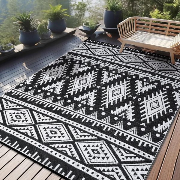 RUGSREAL Outdoor Rug 8x10 ft Waterproof Reversible Boho Mat, Black & White