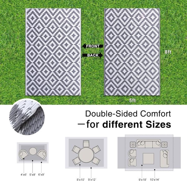 RUGSREAL Outdoor Rug 5x8 ft Waterproof Reversible Mat, Grey & White
