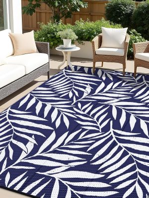 91Ulg3cF8-L._AC_SL1500_.jpg RUGSREAL Outdoor Rug 6x9 ft Waterproof Reversible Leaf Mat, Navy & White