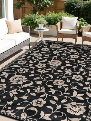 91V8ZYrOhjL._AC_SL1500_.jpg RUGSREAL Outdoor Rug 6x9 ft Waterproof Reversible Floral Mat, Black & Beige
