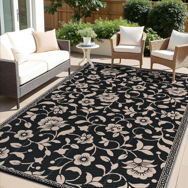 RUGSREAL Outdoor Rug 6x9 ft Waterproof Reversible Floral Mat, Black & Beige