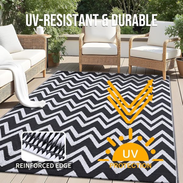 RUGSREAL Outdoor Rug 5x8 ft Waterproof Reversible Chevron Mat, Black & White