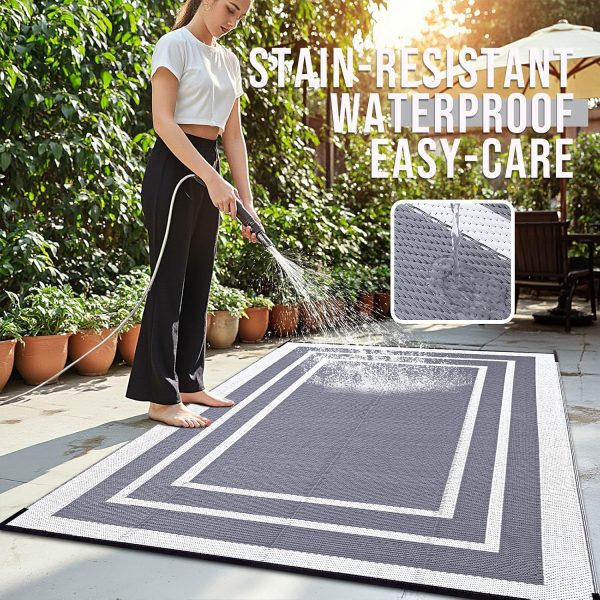 RUGSREAL Outdoor Rug 6x9 ft Waterproof Reversible Mat, Grey & White