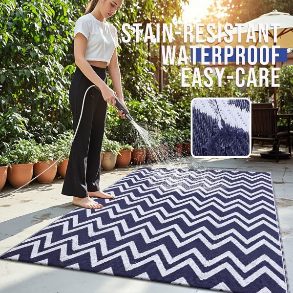 RUGSREAL Outdoor Rug 5x8 ft Waterproof Reversible Chevron Mat, Navy & White