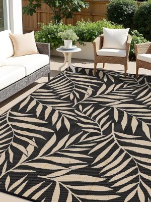 RUGSREAL Outdoor Rug 9x12 ft Waterproof Reversible Leaf Mat, Black & Beige