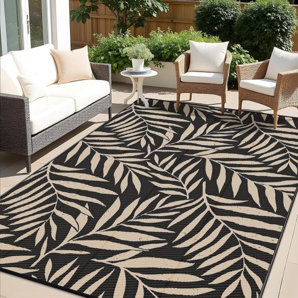 RUGSREAL Outdoor Rug 9x12 ft Waterproof Reversible Leaf Mat, Black & Beige
