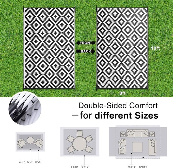 RUGSREAL Outdoor Rug 8x10 ft Waterproof Reversible Mat, Black & White