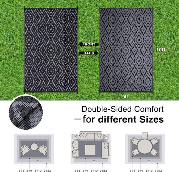 RUGSREAL Outdoor Rug 8x10 ft Waterproof Reversible Braided Mat, Black & Grey