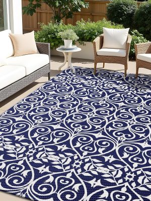 RUGSREAL Outdoor Rug 5x8 ft Waterproof Reversible Floral Mat, Navy & White