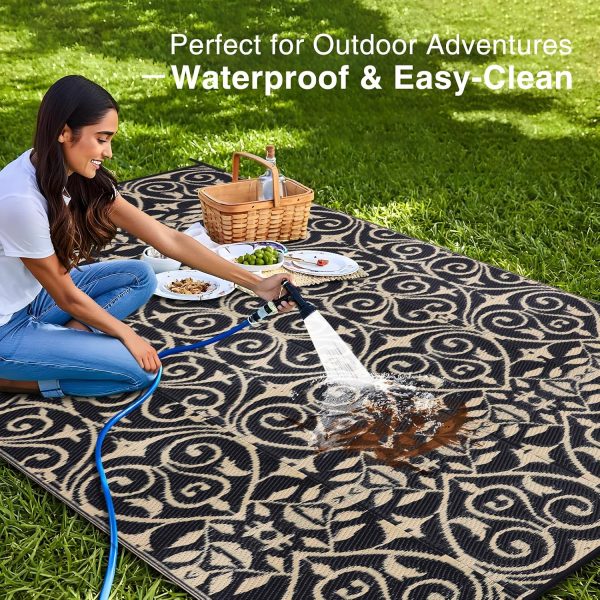 RUGSREAL Outdoor Rug 9x12 ft Waterproof Reversible Floral Mat, Black & Beige