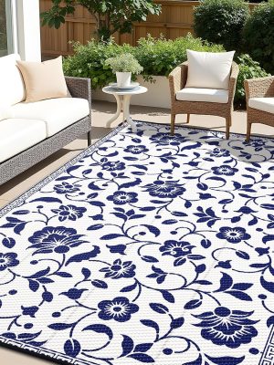 91a5-aNRL2L._AC_SL1500_.jpg RUGSREAL Outdoor Rug 6x9 ft Waterproof Reversible Floral Mat, Navy & White