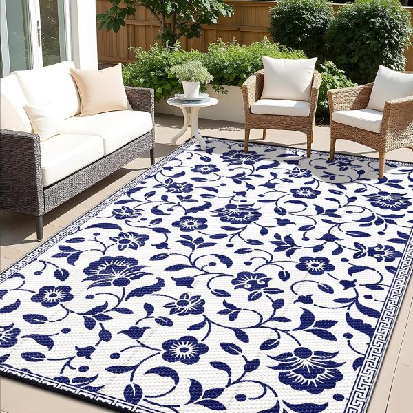RUGSREAL Outdoor Rug 6x9 ft Waterproof Reversible Floral Mat, Navy & White