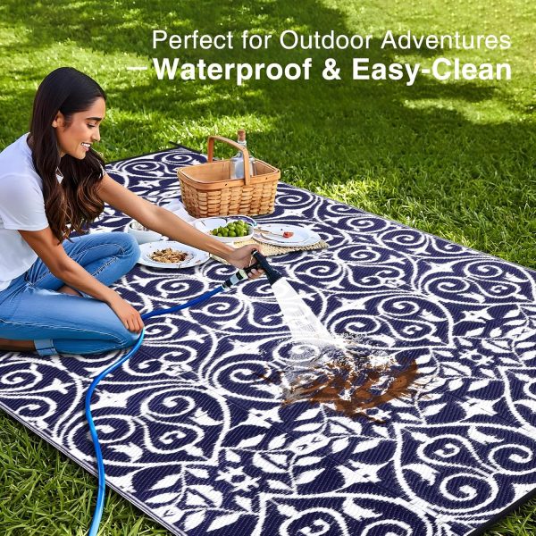 RUGSREAL Outdoor Rug 6x9 ft Waterproof Reversible Floral Mat, Navy & White