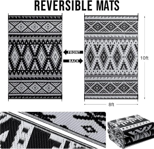 RUGSREAL Outdoor Rug 8x10 ft Waterproof Reversible Boho Mat, Black & White