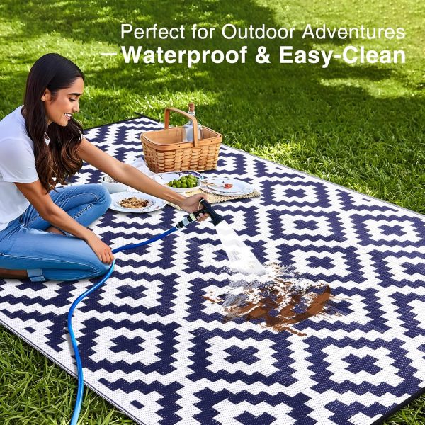 RUGSREAL Outdoor Rug 8x10 ft Waterproof Reversible Mat, Navy & White