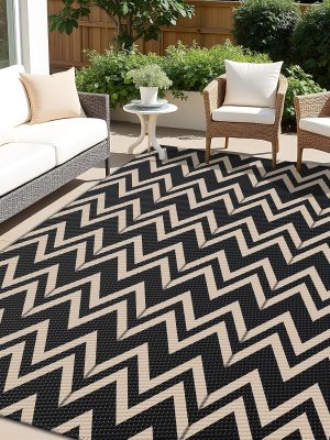 RUGSREAL Outdoor Rug 5x8 ft Waterproof Reversible Chevron Mat, Black & Beige