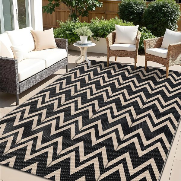 RUGSREAL Outdoor Rug 5x8 ft Waterproof Reversible Chevron Mat, Black & Beige