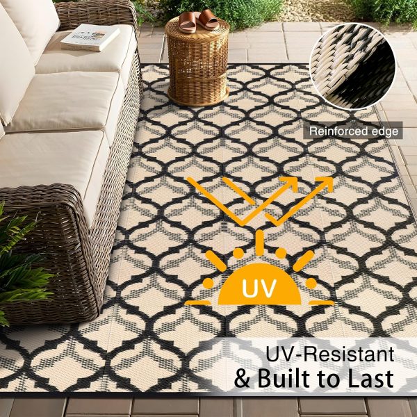 RUGSREAL Outdoor Rug 9x12 ft Waterproof Reversible Braided Mat, Black & Beige