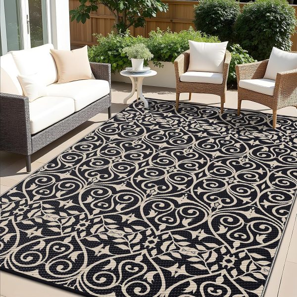 RUGSREAL Outdoor Rug 9x12 ft Waterproof Reversible Floral Mat, Black & Beige