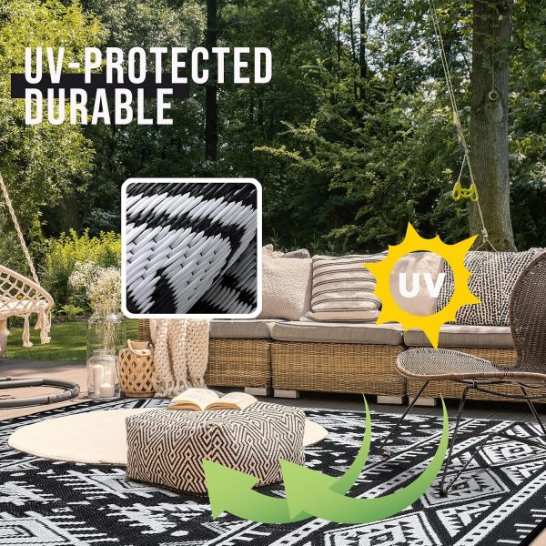 RUGSREAL Outdoor Rug 8x10 ft Waterproof Reversible Boho Mat, Black & White