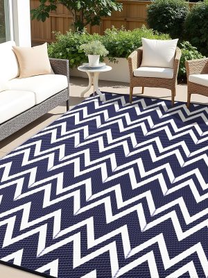 91hQAPVlsrL._AC_SL1500_.jpg RUGSREAL Outdoor Rug 6x9 ft Waterproof Reversible Chevron Mat, Navy & White