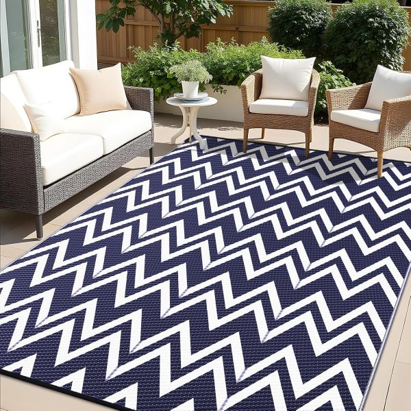 RUGSREAL Outdoor Rug 6x9 ft Waterproof Reversible Chevron Mat, Navy & White