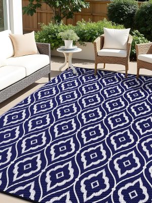 RUGSREAL Outdoor Rug 5x8 ft Waterproof Reversible Braided Mat, Navy & White