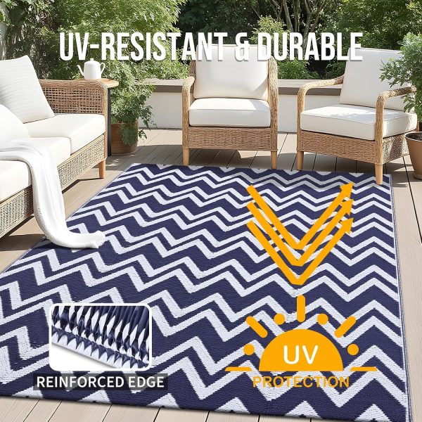 RUGSREAL Outdoor Rug 5x8 ft Waterproof Reversible Chevron Mat, Navy & White