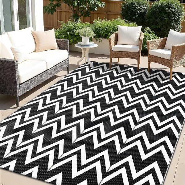 RUGSREAL Outdoor Rug 5x8 ft Waterproof Reversible Chevron Mat, Black & White