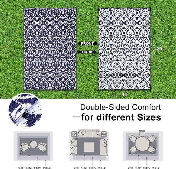 RUGSREAL Outdoor Rug 9x12 ft Waterproof Reversible Floral Mat, Navy & White