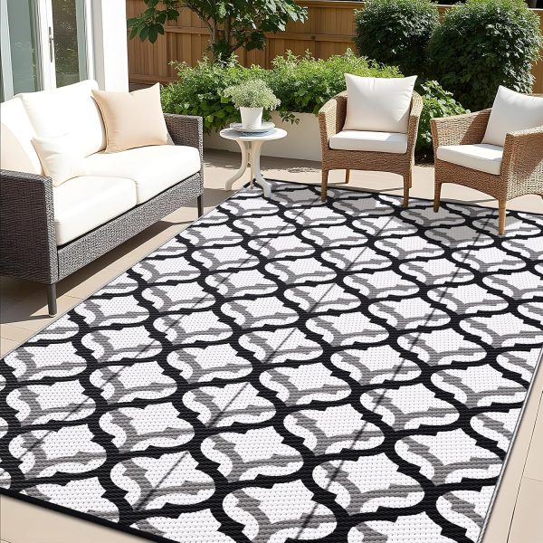 RUGSREAL Outdoor Rug 6x9 ft Waterproof Reversible Braided Mat, Black & White