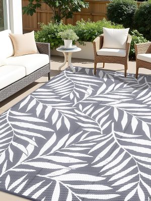 RUGSREAL Outdoor Rug 9x12 ft Waterproof Reversible Leaf Mat, Grey & White