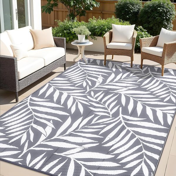 RUGSREAL Outdoor Rug 9x12 ft Waterproof Reversible Leaf Mat, Grey & White